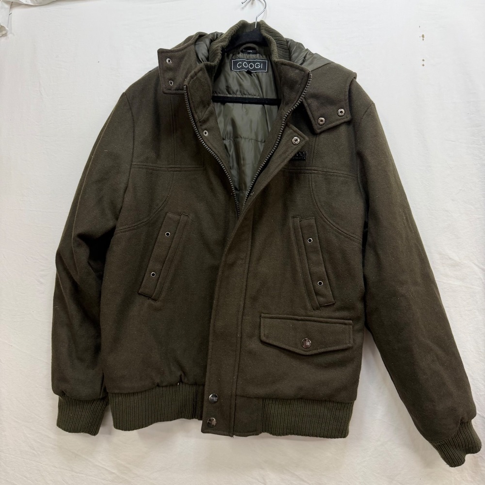 Coogi Australia Mens Wool Blend Hooded Bomber Jacket Olive Green XL F10TW